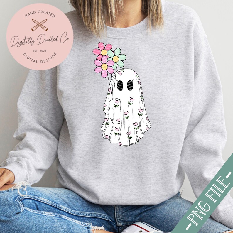May include: A white ghost with a floral pattern holding a bouquet of pink, yellow, and green flowers. The ghost has black eyes and a small mouth.