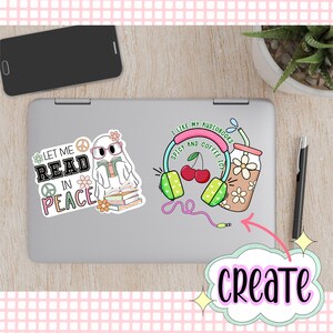 May include: Two laptop stickers. One sticker features a ghost reading a book with the text "Let me read in peace". The other sticker features a cup of coffee with a straw and headphones with the text "I like my audiobooks spicy and coffee icy".