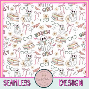 May include: A seamless pattern featuring a white ghost wearing glasses and reading a book, surrounded by pink bows, glasses, books, and flowers. The text "Bookish" and "Girly" are repeated throughout the pattern.