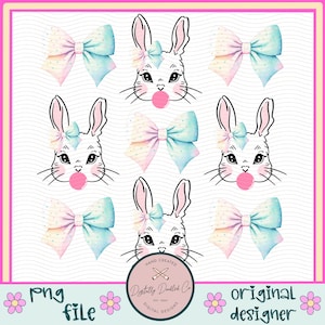 Puede incluir: Seis ilustraciones digitales de un conejo blanco con mejillas rosadas y un chupete rosa. Cada conejo tiene un lazo de arcoíris pastel y azul en la cabeza. Las ilustraciones están sobre un fondo blanco con un sutil patrón ondulado.