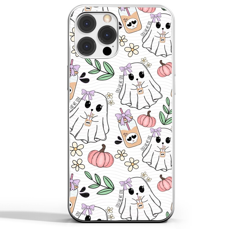May include: White iPhone case featuring a pattern of adorable ghosts holding drinks and pumpkins. The text "Boo Like My Soul" is repeated throughout the design.