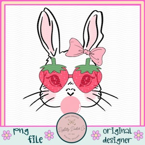 May include: A white bunny with pink ears and a pink bow wearing strawberry-shaped sunglasses with red and green details. The bunny is blowing a pink bubble.