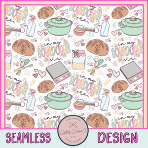 May include: A seamless pattern featuring a variety of kitchen items related to sourdough baking, including loaves of bread, a dutch oven, measuring cups, a scale, a jar of sourdough starter, and the text "in my sourdough era". The pattern is in a light pink, yellow, and green color scheme.