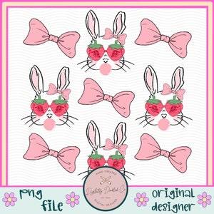May include: A digital illustration of a cute bunny wearing strawberry sunglasses and a pink bow. The bunny is blowing a bubble. The image is on a white background with a wavy pattern.