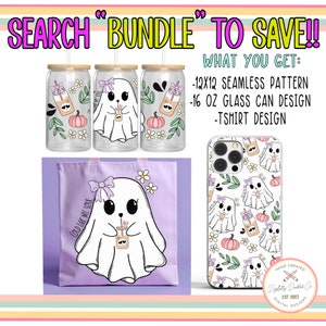 May include: A bundle of digital designs featuring a cute ghost holding a cup of boba tea. The designs include a 12x12 seamless pattern, a 16 oz glass can design, and a t-shirt design. The designs are perfect for Halloween or autumn-themed projects.