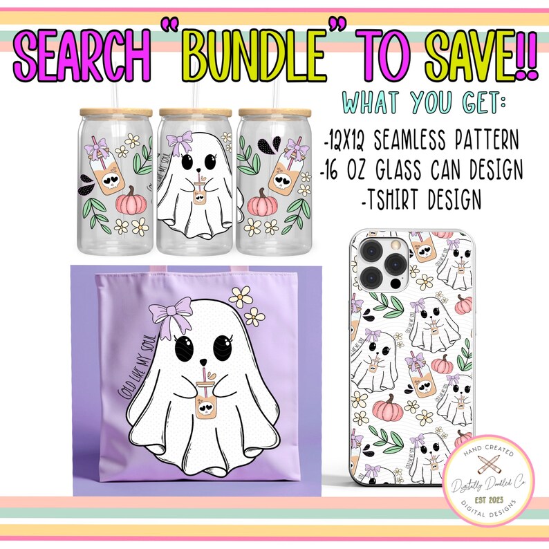 May include: A bundle of digital designs featuring a cute ghost holding a cup of boba tea. The designs include a 12x12 seamless pattern, a 16 oz glass can design, and a t-shirt design. The designs are perfect for Halloween or autumn-themed projects.