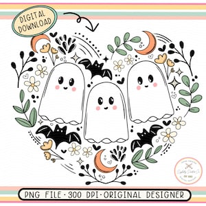 Op de afbeelding: Een digitale download van een schattig Halloween-clipartontwerp met drie witte geesten met zwarte ogen en glimlachende monden, omringd door vleermuizen, bloemen en halve manen. Het ontwerp heeft de vorm van een hart en is perfect om een spookachtige toets aan je Halloween-projecten toe te voegen.