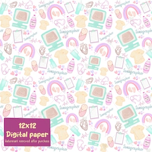 May include: A seamless pattern featuring a variety of illustrations related to sonography, including a sonogram image, a baby, a rainbow, a heart, a stethoscope, a bottle of oil, a clipboard, a cup, and the word "Sonographer". The pattern is in pastel colors on a white background.