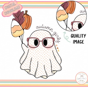 May include: A cute cartoon ghost wearing pink glasses and holding a bunch of autumn-themed balloons. The balloons are a pumpkin, a candy corn, and a fall leaf. The ghost is wearing a white dress with a pattern of small hearts. The text "autumn girly" is written in cursive above the ghost.