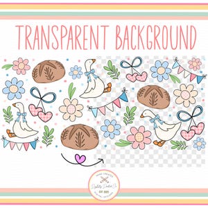 May include: A set of digital clipart featuring hand-drawn illustrations of geese, bread, flowers, hearts, and bunting flags. The illustrations are in a pastel colour palette and have a whimsical, cartoon style. The background is transparent.