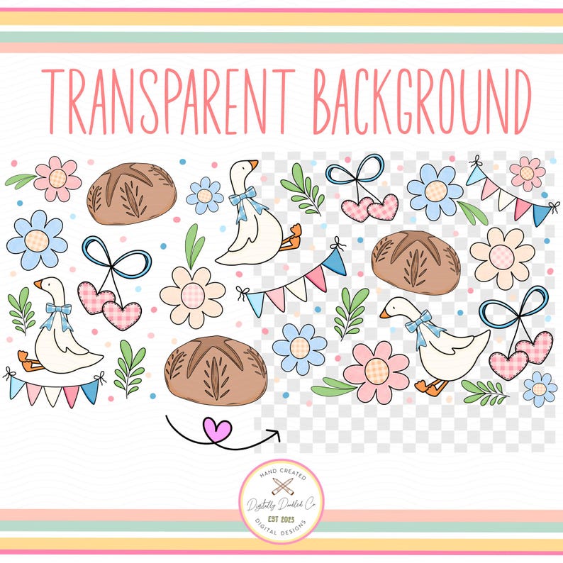 May include: A set of digital clipart featuring hand-drawn illustrations of geese, bread, flowers, hearts, and bunting flags. The illustrations are in a pastel colour palette and have a whimsical, cartoon style. The background is transparent.