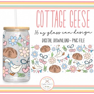 May include: A digital download design for a 16 ounce glass can featuring a cottagecore pattern with geese, flowers, hearts, and bread. The design is perfect for a custom tumbler or cup.