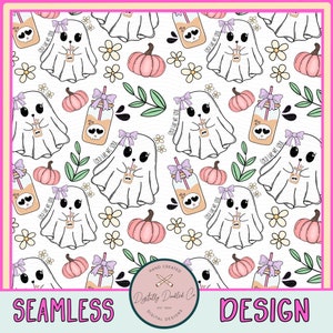 May include: A seamless pattern featuring cute ghosts holding mason jars with a spooky skull design and the text "Cold Like My Soul". The pattern also includes pumpkins, flowers, and leaves in pink, green, and yellow.