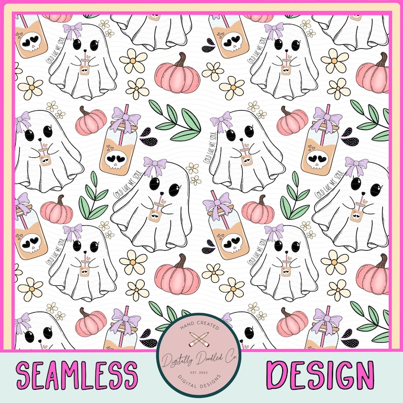 May include: A seamless pattern featuring cute ghosts holding mason jars with a spooky skull design and the text "Cold Like My Soul". The pattern also includes pumpkins, flowers, and leaves in pink, green, and yellow.