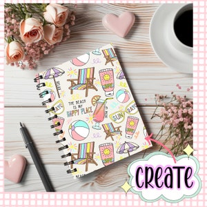 May include: A white spiral bound notebook with a colourful beach-themed design. The cover features beach chairs, beach balls, sunglasses, and a drink with a lemon wedge. The text on the cover reads "The beach is my happy place".
