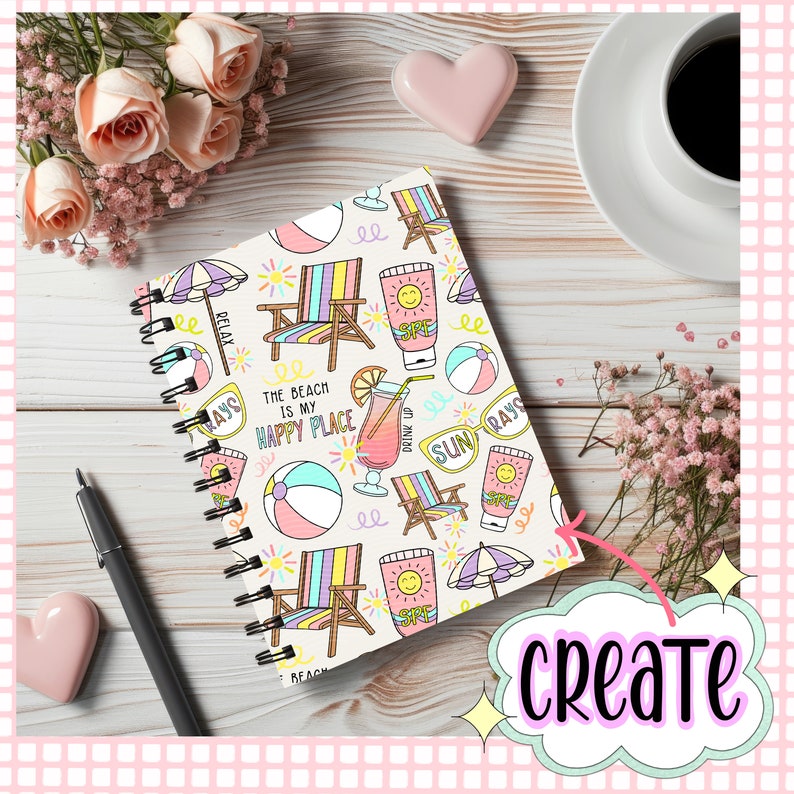 May include: A white spiral bound notebook with a colourful beach-themed design. The cover features beach chairs, beach balls, sunglasses, and a drink with a lemon wedge. The text on the cover reads "The beach is my happy place".