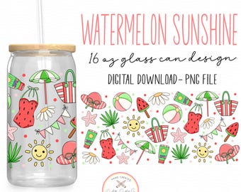 PNG con lattina di vetro di anguria • Design di tazza estiva • Frutta estiva PNG • Spiaggia Coquette PNG • UVDTF con lattina di vetro • Png costiero • Conchiglia Coquette PNG