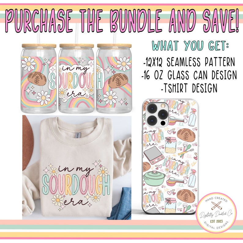 Pu&ograve; includere: Un pacchetto di design digitali che include un motivo senza cuciture, un design per una lattina di vetro da 473 ml e un design per una t-shirt. I design presentano una gamma di colori rosa chiaro, verde e blu con un tema di pane a lievitazione naturale. Il testo "in my sourdough era" &egrave; presente sui design.