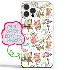 May include: A white phone case with a colourful summer-themed pattern. The pattern includes beach chairs, sunglasses, beach balls, umbrellas, and sunscreen bottles. The text "Drink Up", "Sun Rays", "Beach My Place", and "Relax" is included in the pattern.