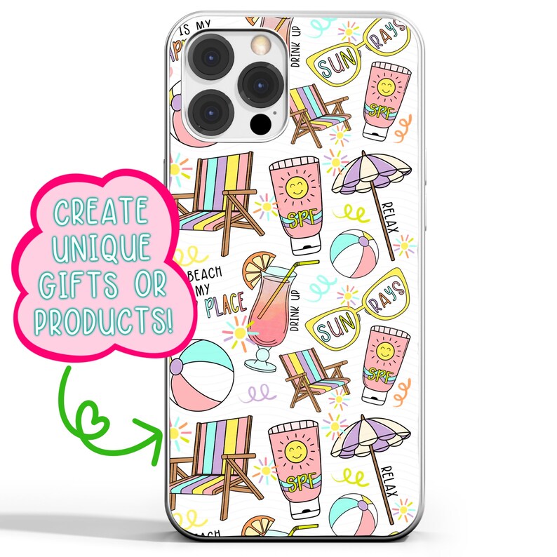 May include: A white phone case with a colourful summer-themed pattern. The pattern includes beach chairs, sunglasses, beach balls, umbrellas, and sunscreen bottles. The text "Drink Up", "Sun Rays", "Beach My Place", and "Relax" is included in the pattern.