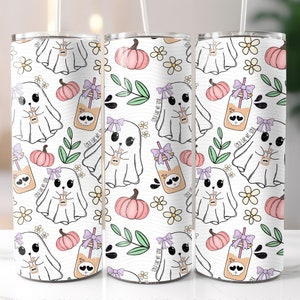 May include: White tumbler with a Halloween themed design featuring ghosts, pumpkins, and jars of iced tea. The text "Cold Like My Soul" is repeated throughout the design.