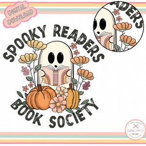Pode incluir: Um fantasma branco segurando um livro com um design de arco-&iacute;ris, cercado por ab&oacute;boras laranja e flores. O texto "Spooky Readers Book Society" est&aacute; escrito em torno do fantasma.