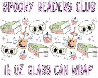 Spooky Readers 16 oz Glass Can Wrap•Bookish Girlie•Bookish Halloween•Book Reader Png•Spooky Girl•Skeleton Png•Iced Coffee Png•Book Lover Png