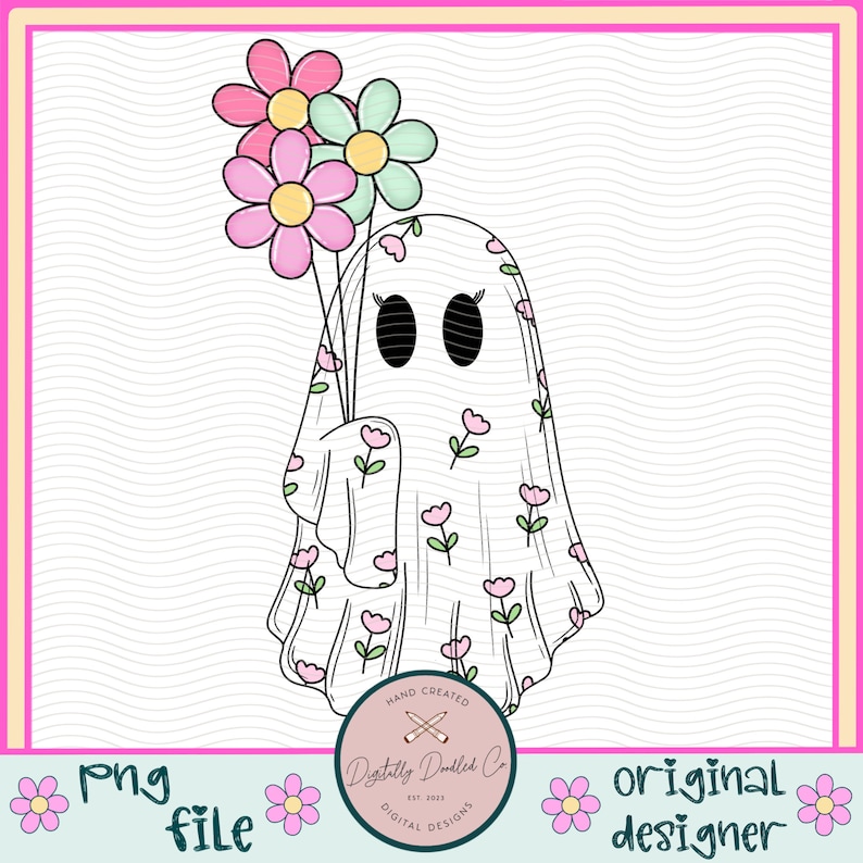 May include: A white ghost with a floral pattern holding a bouquet of pink, light blue, and yellow flowers. The ghost has black eyes and eyelashes. The background is white with a wavy pattern.