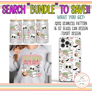 May include: A digital design bundle featuring a spooky reader book club theme. The bundle includes a 12x12 seamless pattern, a 16 oz glass can design, and a t-shirt design. The designs feature a skull with glasses, books, bats, and a crescent moon in a pastel colour palette.