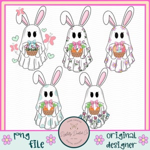 Puede incluir: Cuatro ilustraciones digitales de conejos fantasma sosteniendo cestas de huevos de Pascua. Los conejos son blancos con patrones florales rosas, azules y verdes. Las cestas están llenas de huevos y flores de colores. Las ilustraciones están sobre un fondo blanco con un patrón ondulado.