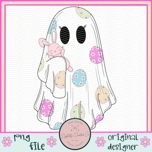 Può includere: Un fantasma bianco con un coniglietto rosa che spunta da sotto il suo lenzuolo. Il fantasma è decorato con uova di Pasqua color pastello con fiori bianchi.