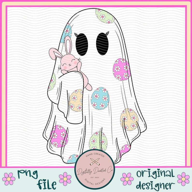 May include: A white ghost with a pink bunny rabbit peeking out from under its sheet. The ghost is decorated with pastel colored Easter eggs with white flowers.