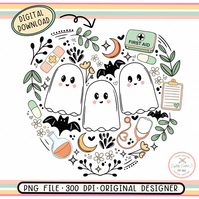 Läskig sjuksköterska PNG•Förlossnings- och Halloween-festligheter•Medicinskt spöke PNG•Läskigt sött PNG•Halloween-sjukskötersketröjadesign•Söt spökeklotter PNG•Boho PNG bild 1