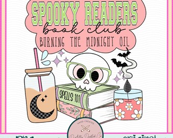 Pode incluir: Uma ilustração digital de um clube de leitura assustador com um crânio usando óculos, uma pilha de livros, uma vela e um copo de café gelado. O texto diz "Spooky Readers Book Club Burning the Midnight Oil".
