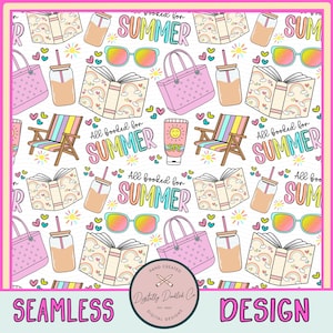 Peut inclure: Un motif sans couture présentant une variété d'illustrations sur le thème de l'été, notamment des livres, des lunettes de soleil, des sacs de plage, des bocaux en verre, des chaises longues et le texte "All booked for summer". Le motif est sur un fond blanc et présente une variété de couleurs vives, notamment le rose, le jaune, le bleu et le vert.