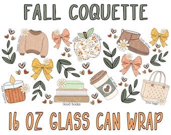 Fall Coquette 16 oz Glass Can Wrap•Bookish Girly PNG•Fall Vibes Png•Coffee Lover Gift•Pumpkin Spice•Booklover PNG•Bookish Fall Png•Boho Fall