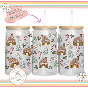 May include: Three clear glass tumblers with a wood-like lid and a straw. The tumblers are decorated with a pattern of gingerbread houses, candy canes, and Christmas trees. The text "Digitally Doodled Co. Est 2023 Digital Designs" is on the bottom of the image.