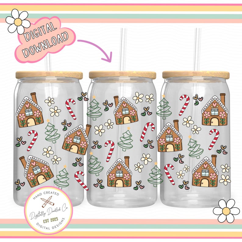 May include: Three clear glass tumblers with a wood-like lid and a straw. The tumblers are decorated with a pattern of gingerbread houses, candy canes, and Christmas trees. The text "Digitally Doodled Co. Est 2023 Digital Designs" is on the bottom of the image.
