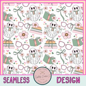 May include: A seamless pattern featuring cute ghost illustrations wearing glasses and holding books. The pattern also includes pink flowers, hearts, and stacks of books. The text "Digitally Doodled Co." is in the bottom center of the image.