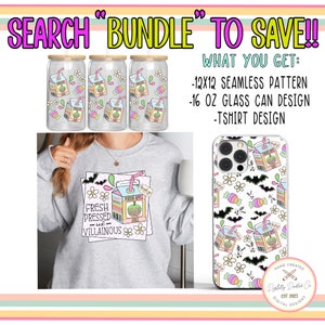 May include: A digital design bundle featuring a seamless pattern, a 16 ounce glass can design, and a t-shirt design. The designs feature a cartoon illustration of a juice box with a green apple, bats, and candy. The text on the juice box reads "Fresh Pressed and Villainous" and "Poison Apple Juice".