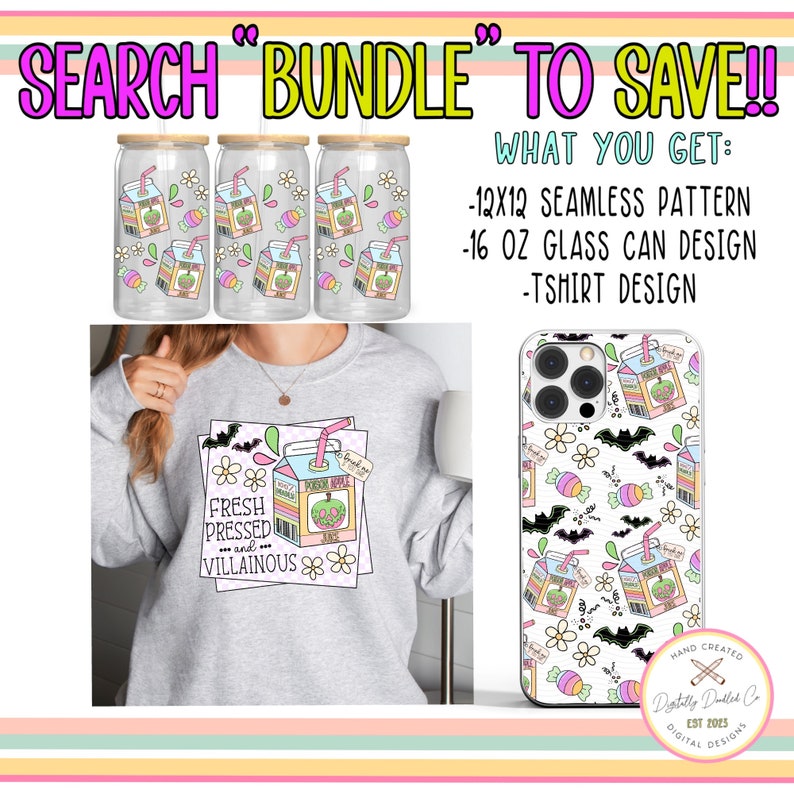 May include: A digital design bundle featuring a seamless pattern, a 16 ounce glass can design, and a t-shirt design. The designs feature a cartoon illustration of a juice box with a green apple, bats, and candy. The text on the juice box reads "Fresh Pressed and Villainous" and "Poison Apple Juice".