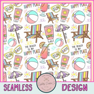 May include: A seamless pattern featuring beach-themed illustrations, including beach chairs, sunglasses, beach balls, a cocktail, and sunscreen. The pattern is on a white background and includes the text "The beach is my happy place".