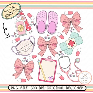 Può includere: Un set di immagini clipart digitali che presentano vari oggetti legati all'assistenza sanitaria, tra cui una maschera facciale, uno stetoscopio, una benda, un flacone di pillole, un paio di zoccoli rosa e una clipboard con un cuore rosa. Le immagini sono disegnate in uno stile cartone animato con colori rosa, blu e giallo.