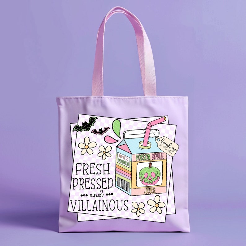May include: A purple tote bag with a cartoon illustration of a juice box with a green apple and the text "Poison Apple Juice" and "Drink me if you dare". The text "Fresh Pressed and Villainous" is also on the bag.