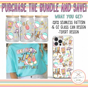 May include: A digital design bundle featuring a beach-themed seamless pattern, 16 oz glass can design, and t-shirt design. The designs feature a beach chair, beach umbrella, sunglasses, a cocktail, and a beach ball. The text "The Beach is my Happy Place" is featured on the t-shirt design.