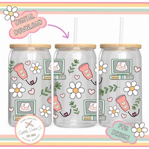 May include: Digital download of three clear tumbler designs with a pink, green, and white pattern featuring ultrasound images, hearts, and daisies. The text "Digitally Doodled Co. Est 2023 Digital Designs" is on the bottom left tumbler. The text "PNG DESIGN" is on the bottom right tumbler.