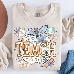 Professeur bohème, PNG • Automne floral pour professeur, PNG • Pomme bohème png • Rentrée scolaire • Design UVDtf pour professeur • Sac fourre-tout pour professeur • Professeur livresque • Retro Teach Png
