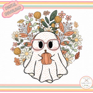 May include: A cute cartoon ghost wearing pink glasses and holding a small orange pumpkin. The ghost is surrounded by fall foliage and flowers in shades of orange, yellow, and pink.