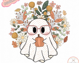 Fall Ghost PNG•Fall Floral Ghost PNG•Cute Ghost With Pumpkin•Boho Ghost PNG•Autumn floral ghost•Girly Halloween png•Autumn Girly•Pumpkin