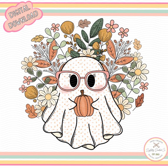 Fall Ghost PNG•Fall Floral Ghost PNG•Cute Ghost With Pumpkin•Boho Ghost PNG•Autumn floral ghost•Girly Halloween png•Autumn Girly•Pumpkin